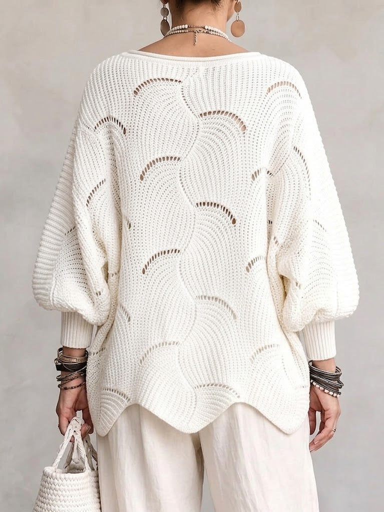Mossaline™ | Hollow Wave Pattern Loose Lantern Sleeve Knit Top