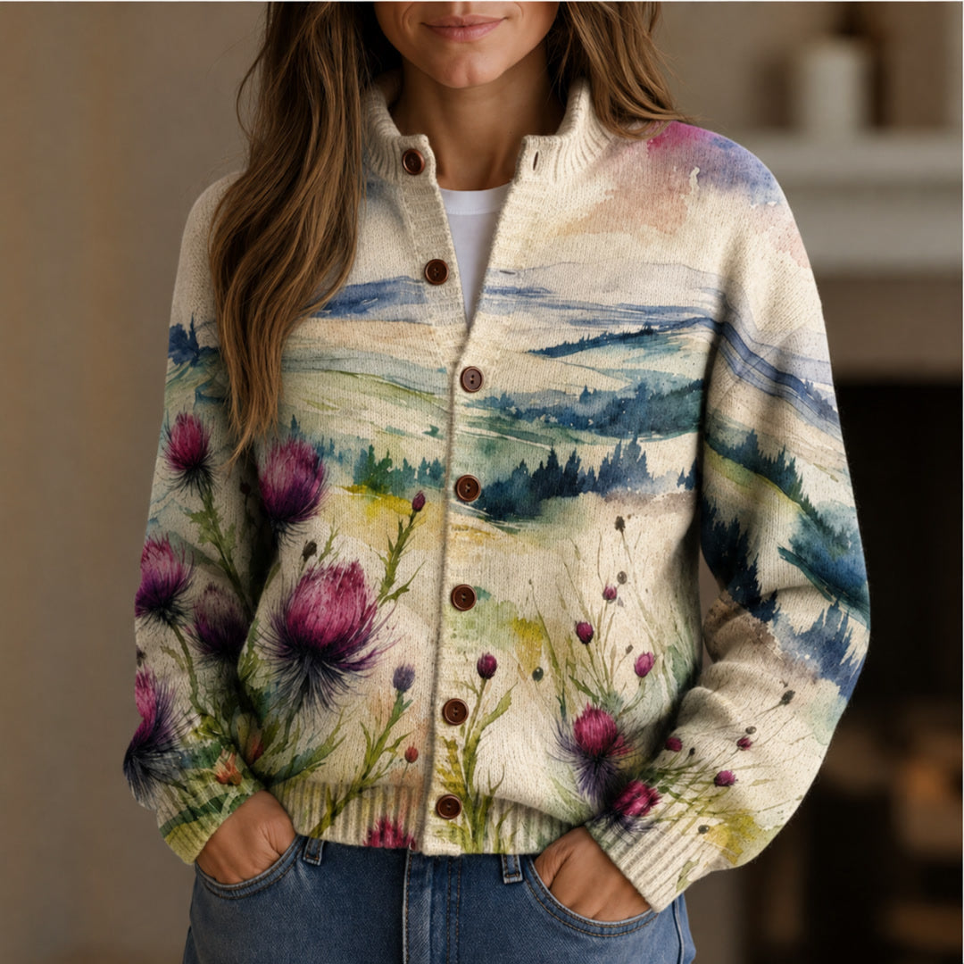 Millicent Watercolour Highland Thistle Knit Cardigan