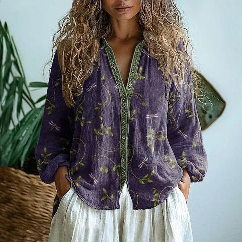 Isadora™ | Women's Printed V-Neck Long Sleeve Blouse