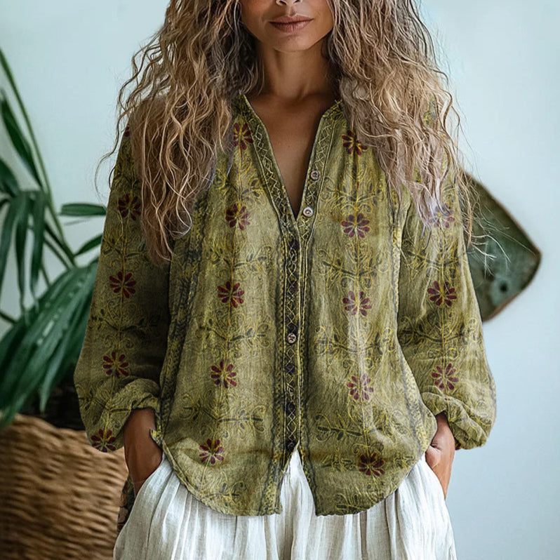 Isadora™ | Women's Printed V-Neck Long Sleeve Blouse