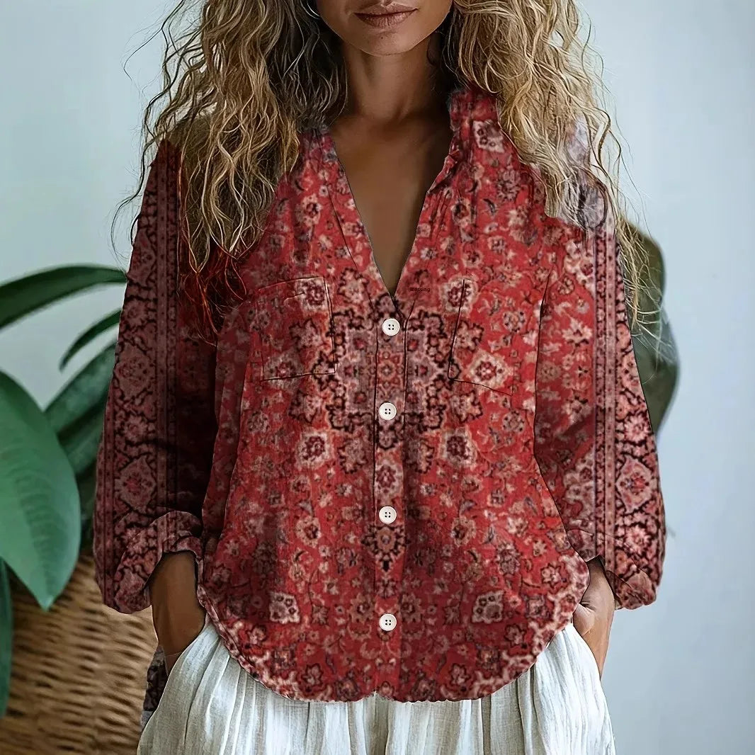 Isadora™ | Women's Printed V-Neck Long Sleeve Blouse