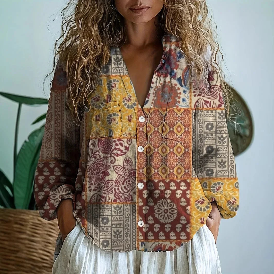 Isadora™ | Women's Printed V-Neck Long Sleeve Blouse