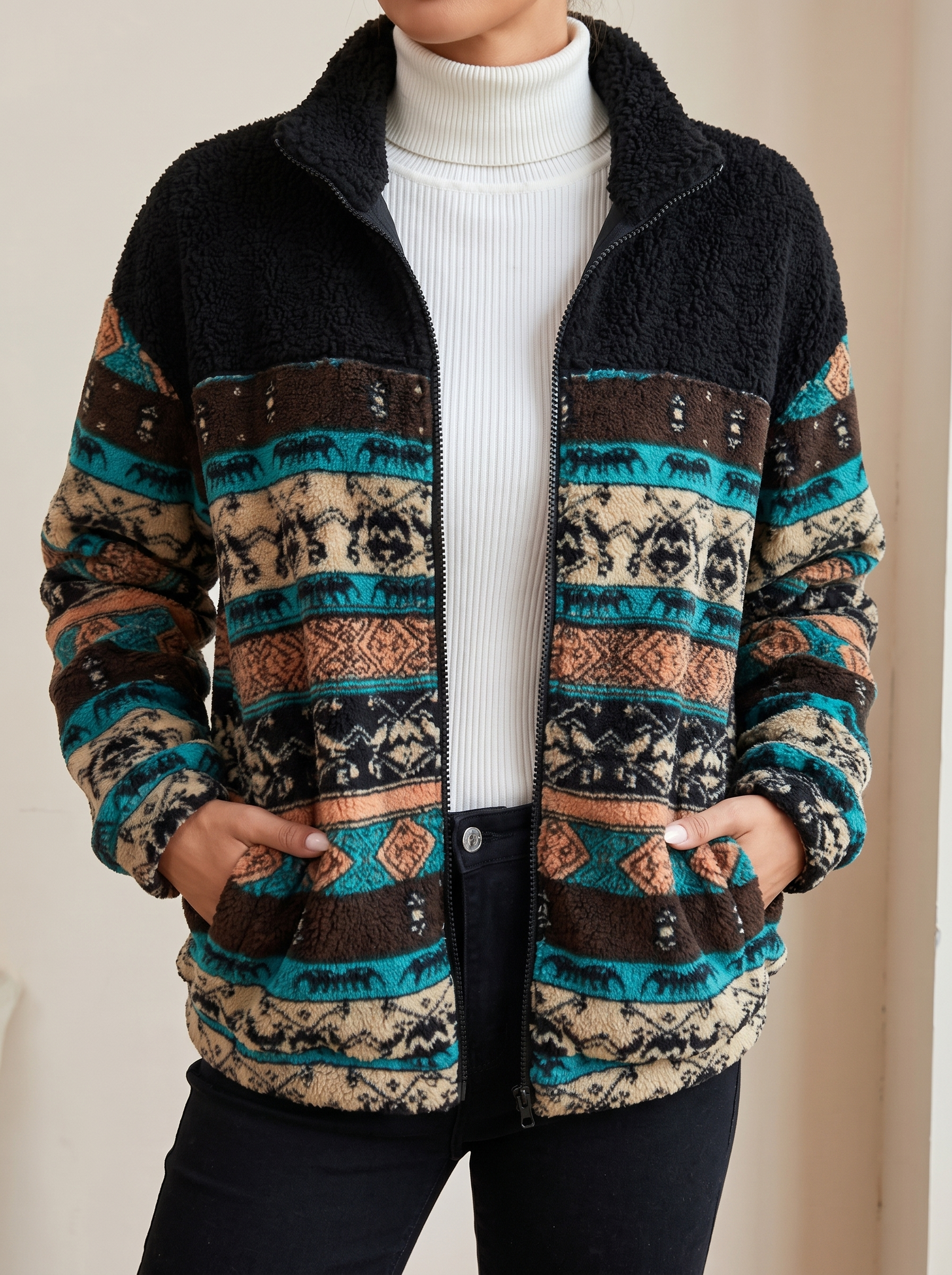 Ravella™ | Striped Aztec Sherpa Jacket — 2