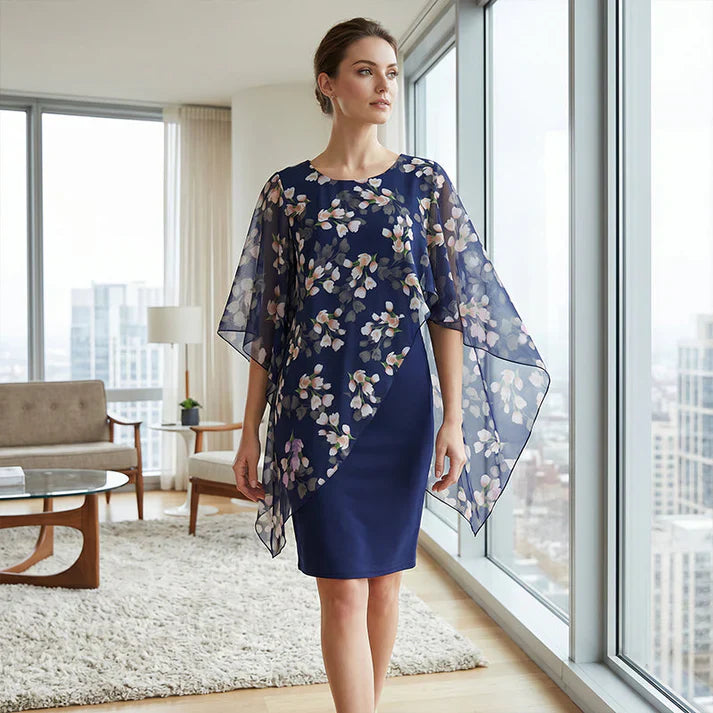 Farrah™ | Elegant Floral Cape Overlay Dress