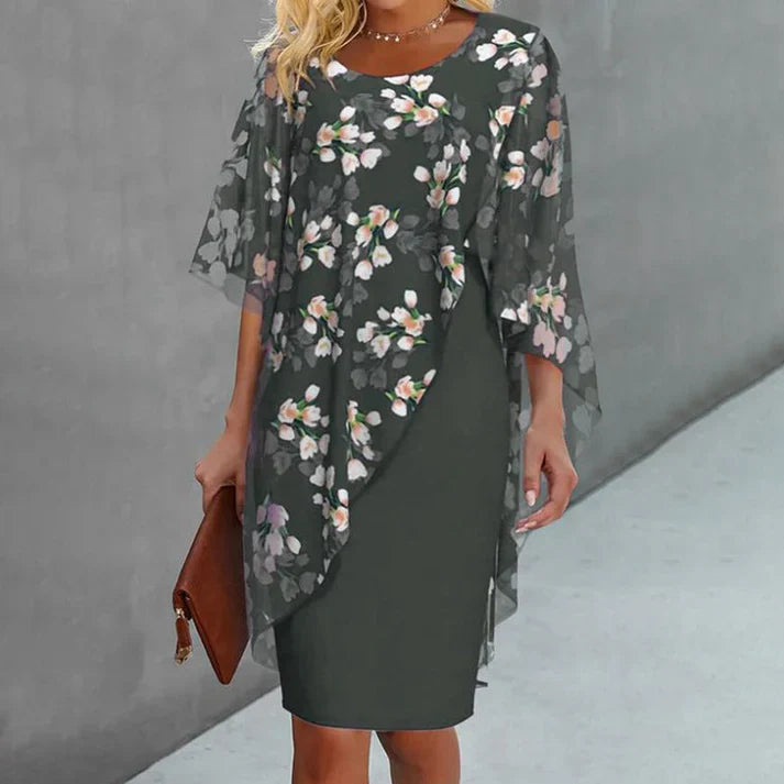 Farrah™ | Elegant Floral Cape Overlay Dress