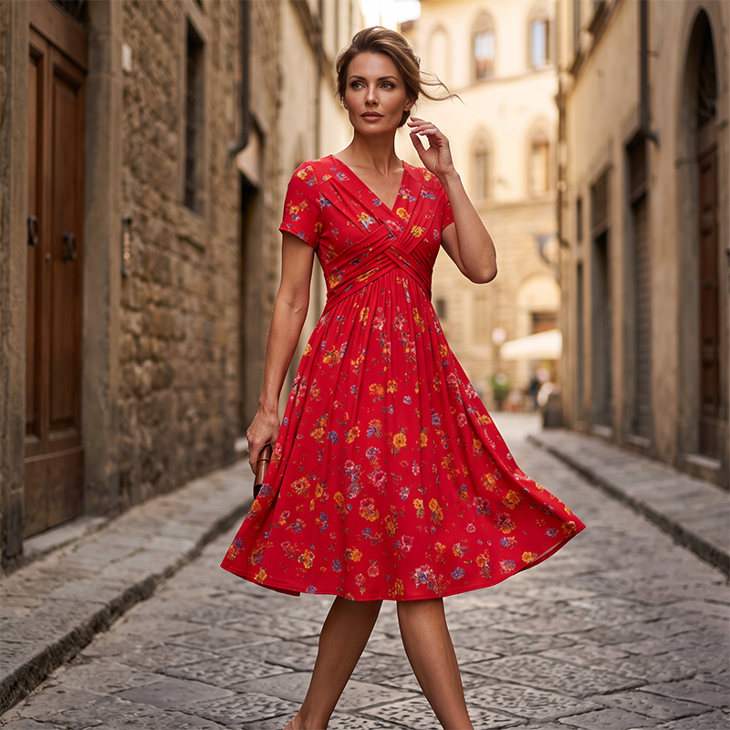 Junella™ | Floral V-Neck Twist-Waist Dress