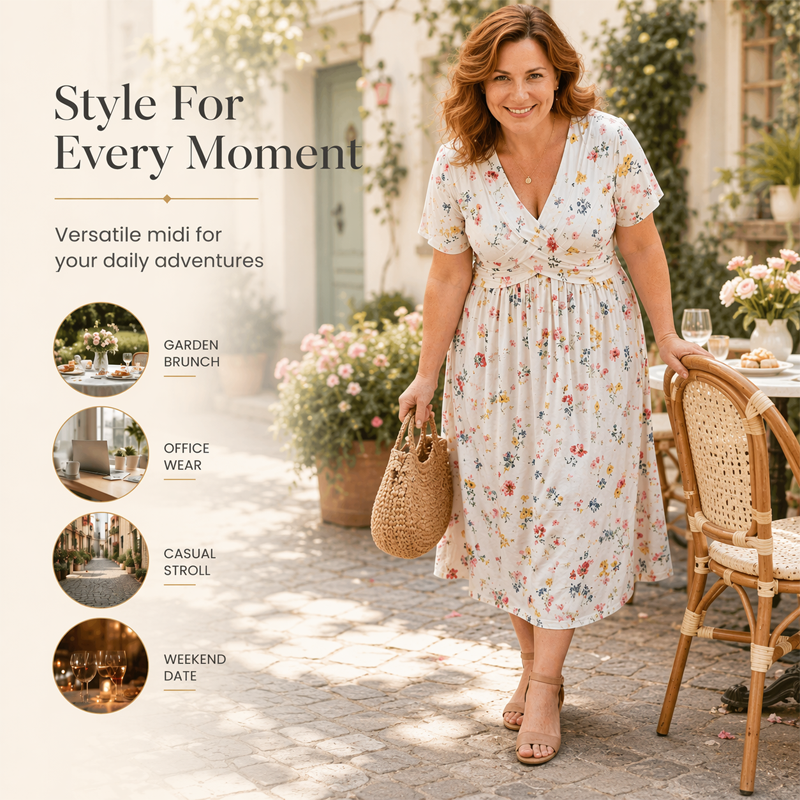 Junella™ | Floral V-Neck Twist-Waist Dress