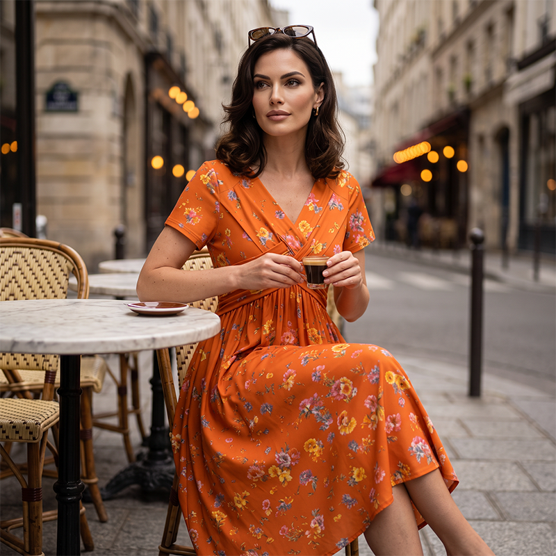 Junella™ | Floral V-Neck Twist-Waist Dress