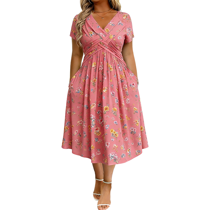Junella™ | Floral V-Neck Twist-Waist Dress