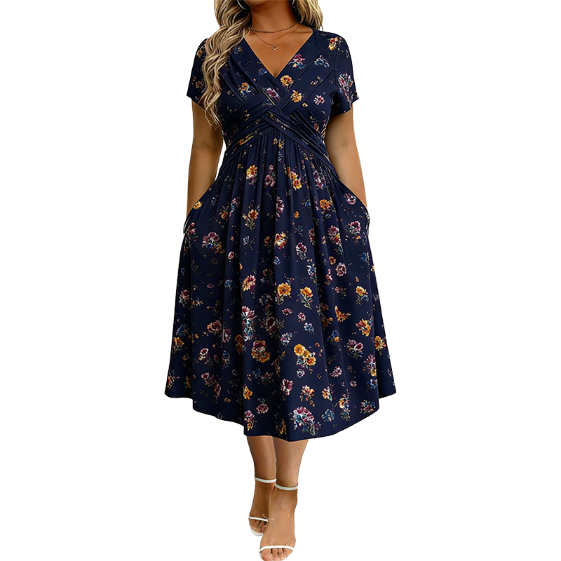 Junella™ | Floral V-Neck Twist-Waist Dress