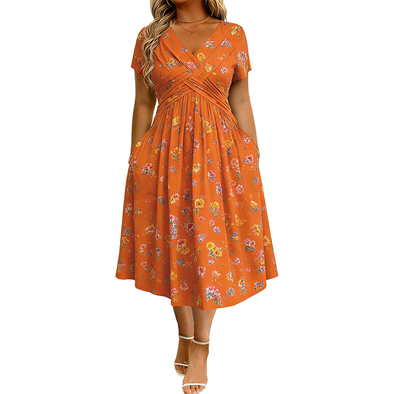 Junella™ | Floral V-Neck Twist-Waist Dress