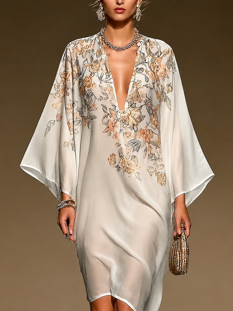 Helena™ | Floral Print Caftan Dress Deep V-Neck Batwing Sleeve Asymmetric Hem Flowy Midi Dress