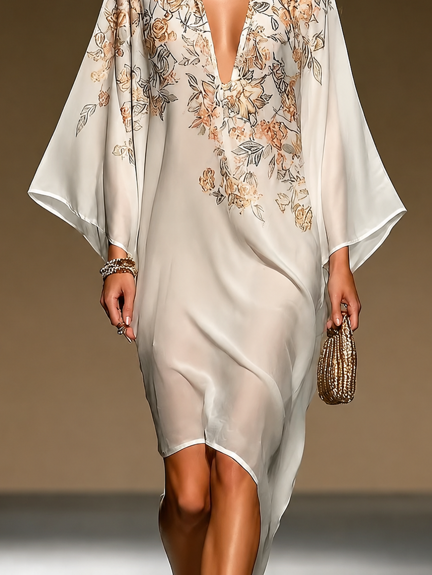 Helena™ | Floral Print Caftan Dress Deep V-Neck Batwing Sleeve Asymmetric Hem Flowy Midi Dress