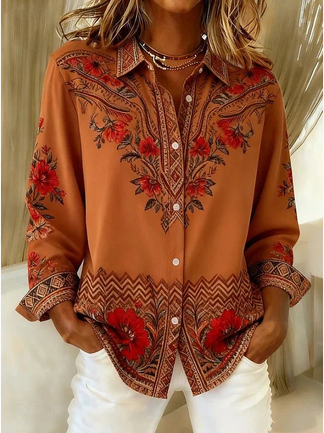 Dawnflora™ | Artistic Floral Long Sleeve Blouse
