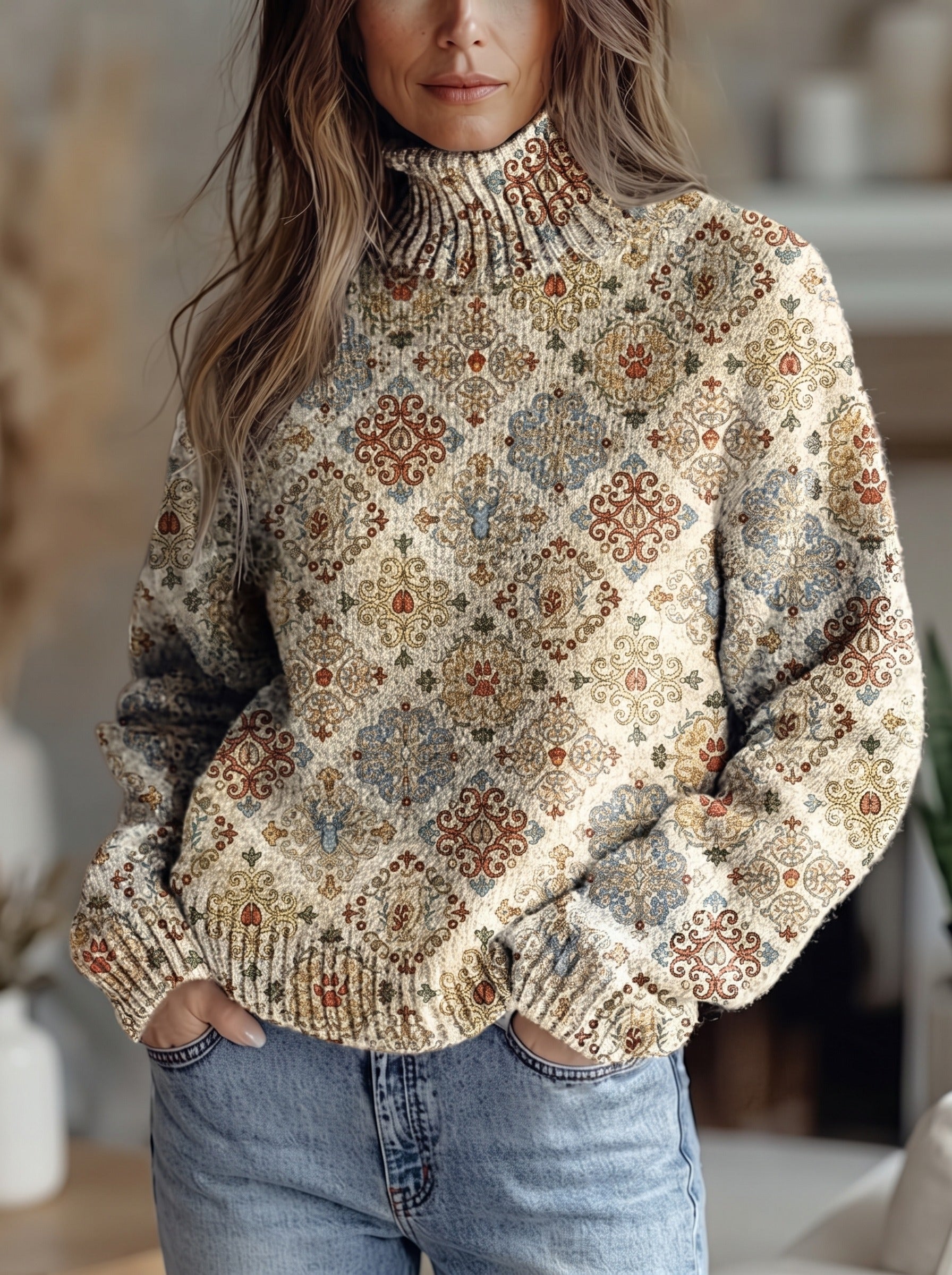 Wilhelmina™ | Tiled Damask Turtleneck