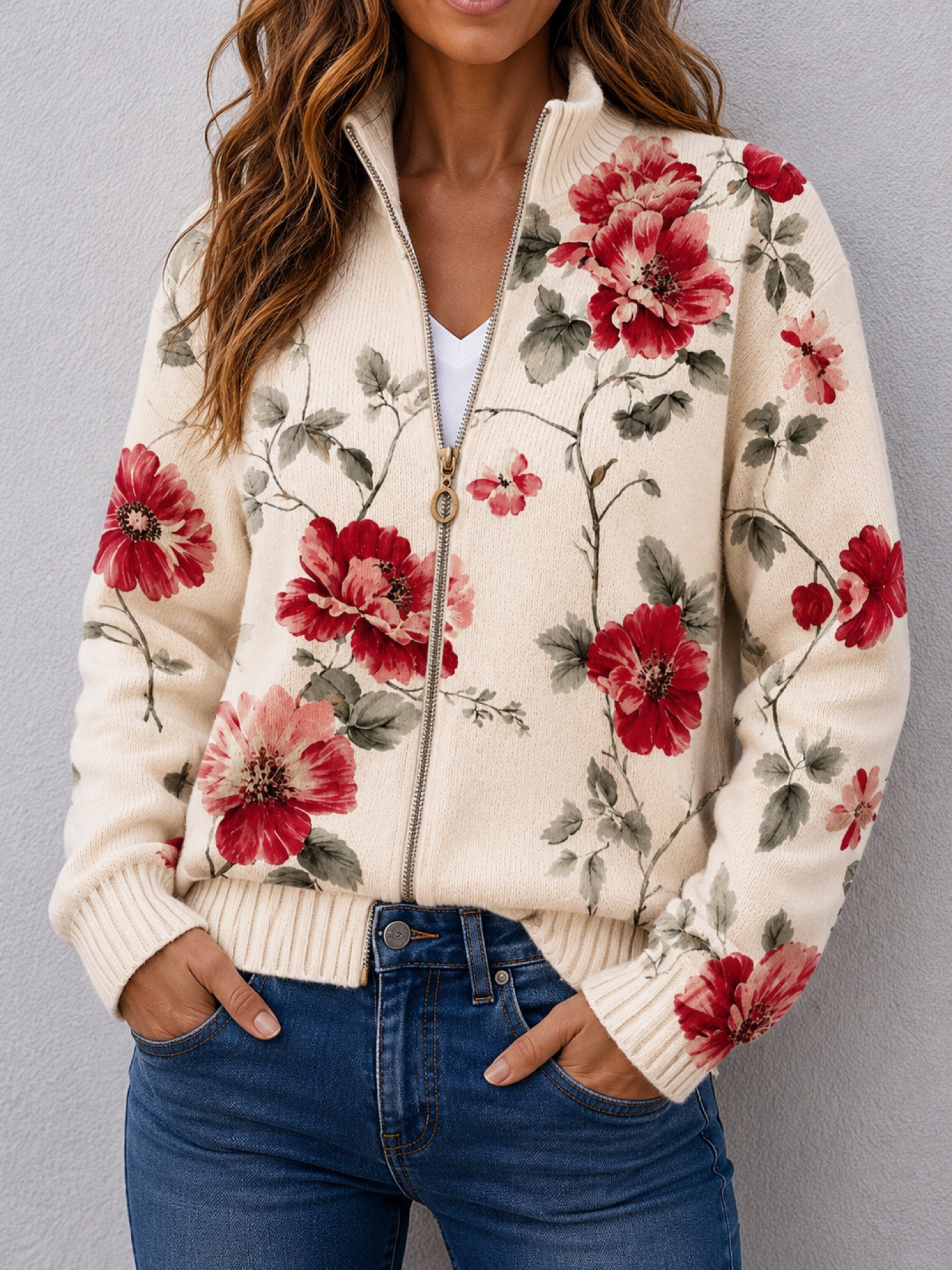 Wilhelmine™ | Vintage Rose Print Zip Cardigan