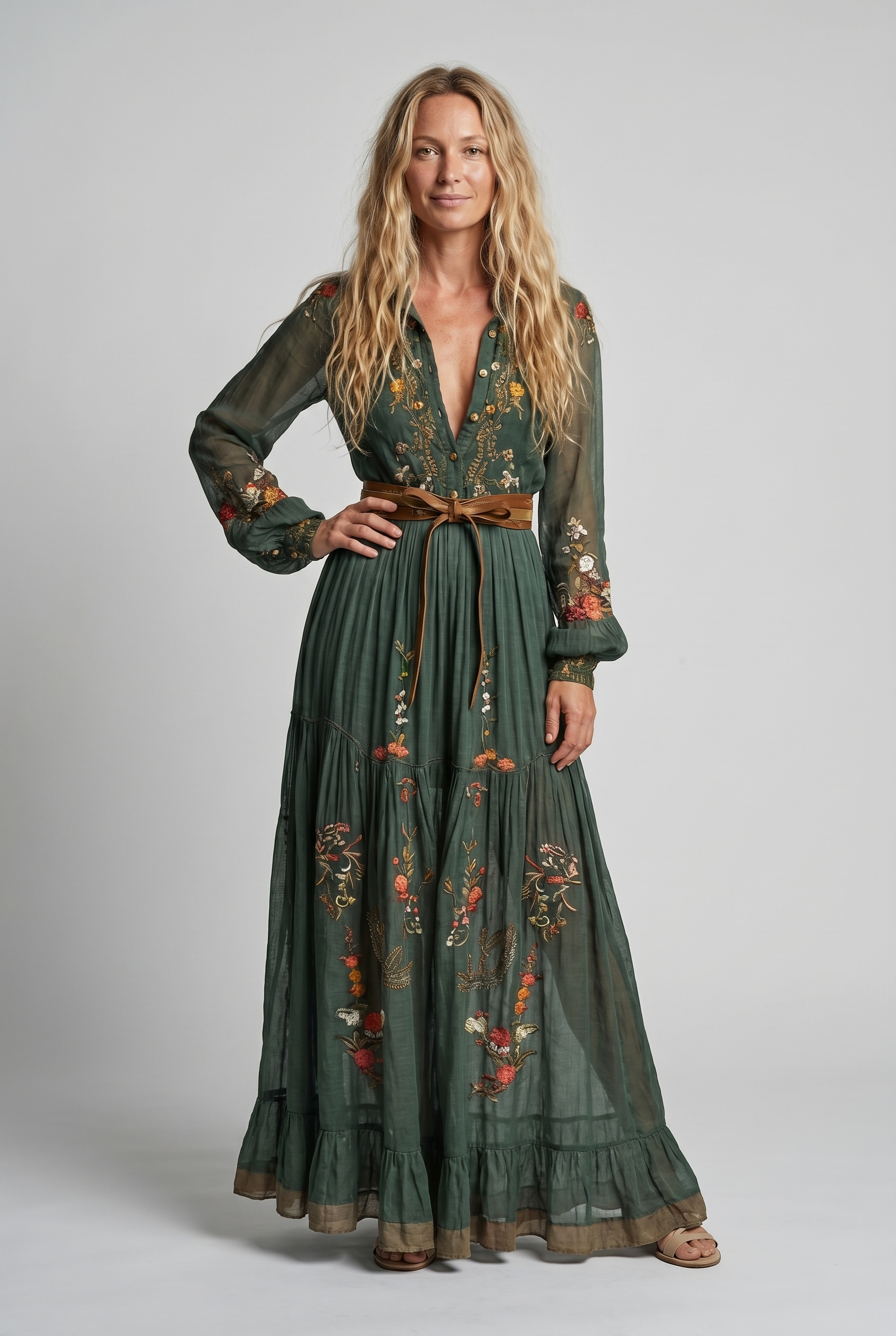 Loretta™ | Embroidered V-Neck Bohemian Maxi Dress