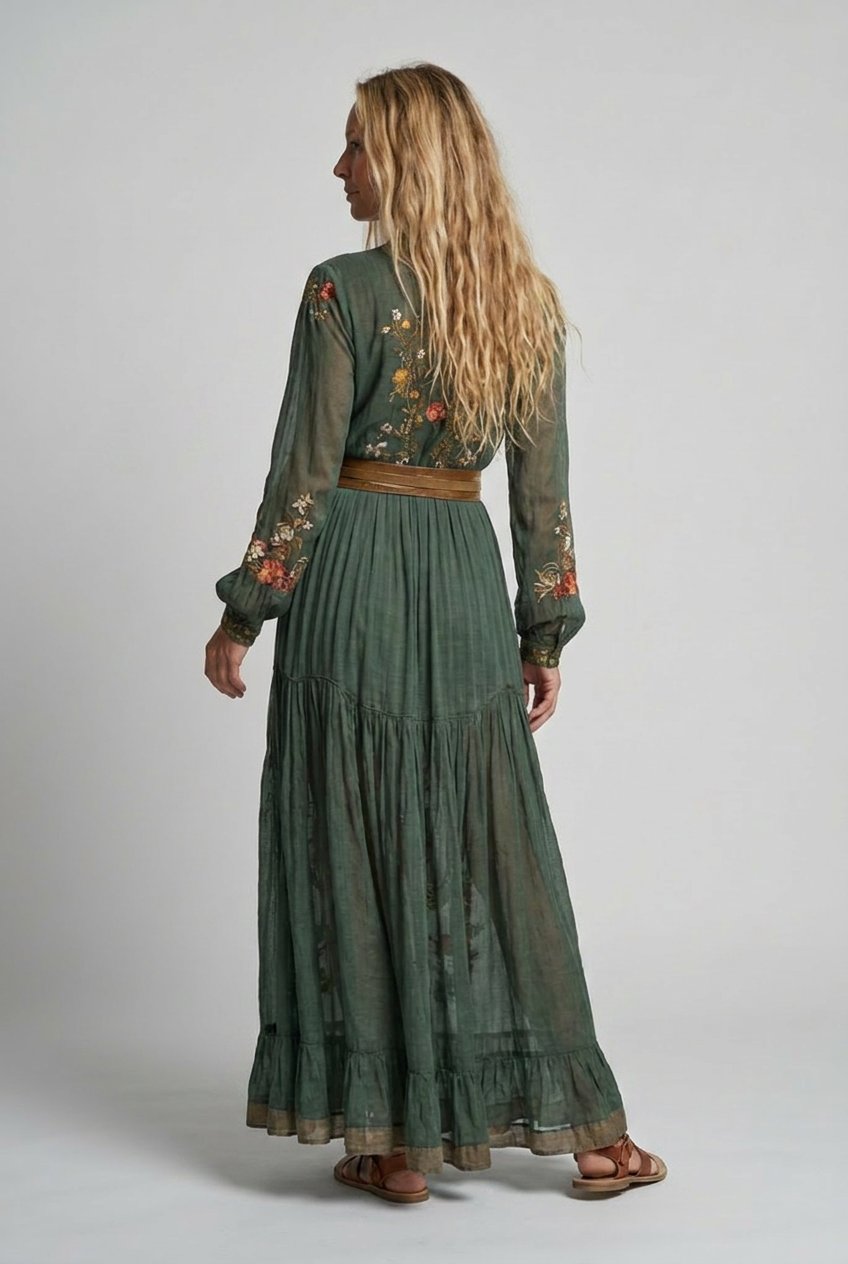 Loretta™ | Embroidered V-Neck Bohemian Maxi Dress