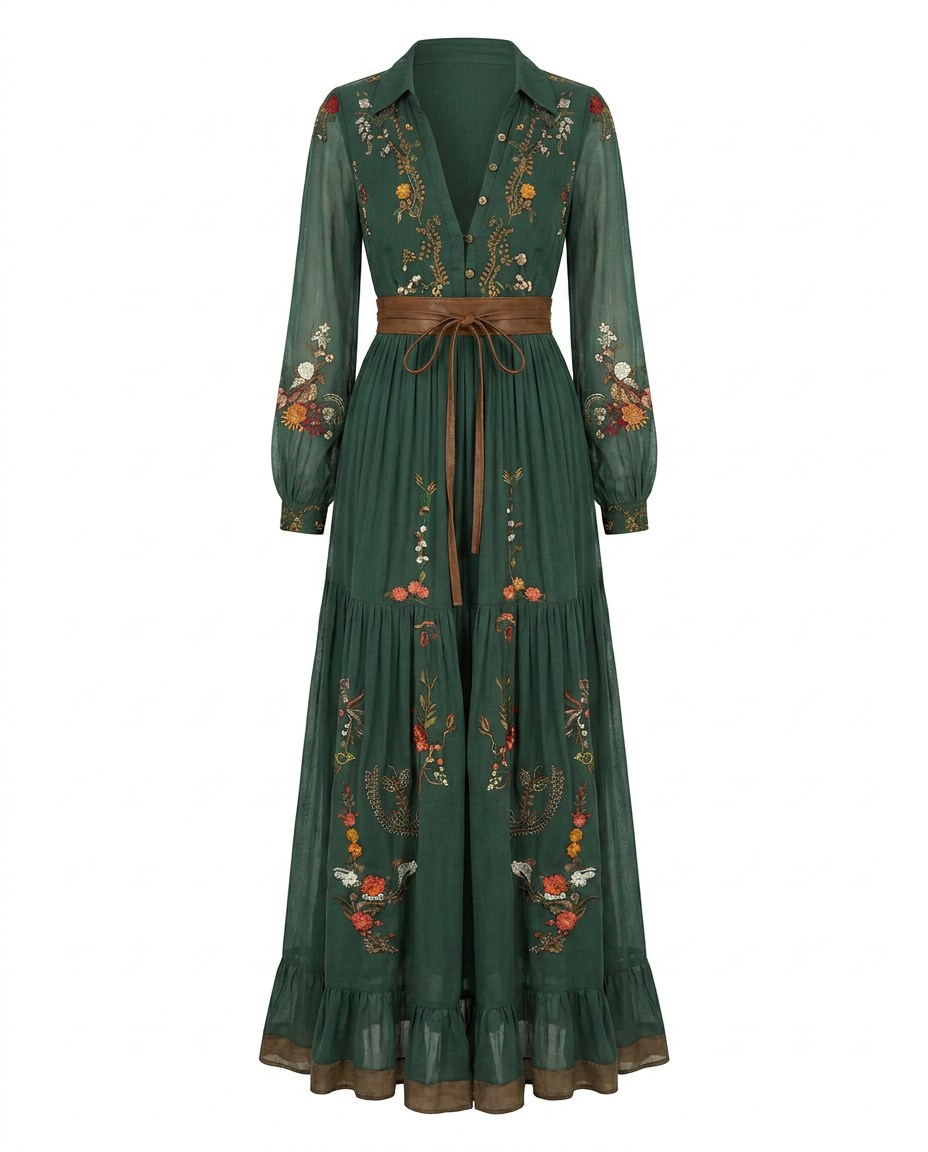 Loretta™ | Embroidered V-Neck Bohemian Maxi Dress