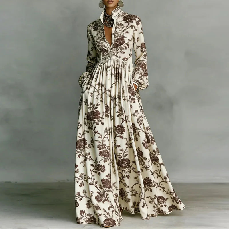 Annika™ | Geometric Print Maxi Dress Long Sleeve High-Waist Pleated Shirt Collar Button-Front Boho Vacation
