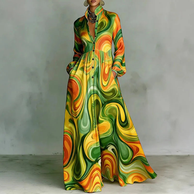 Annika™ | Geometric Print Maxi Dress Long Sleeve High-Waist Pleated Shirt Collar Button-Front Boho Vacation