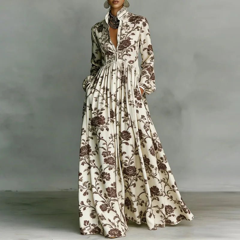 Orvette™ | Printed Maxi Dress with Stand Collar Long Sleeve Button Front High Waist