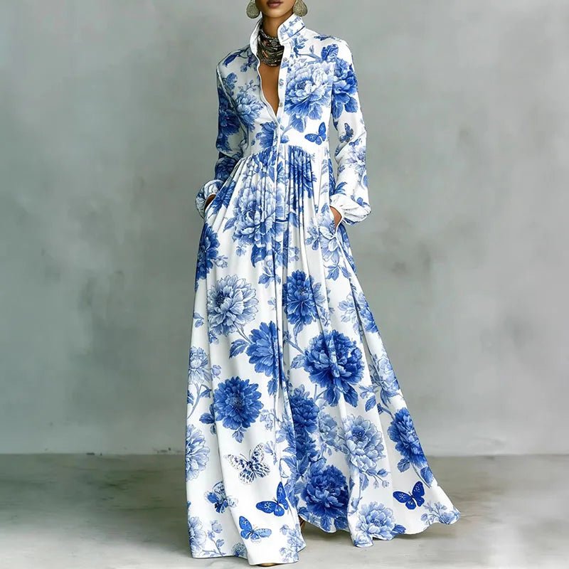 Orvette™ | Printed Maxi Dress with Stand Collar Long Sleeve Button Front High Waist