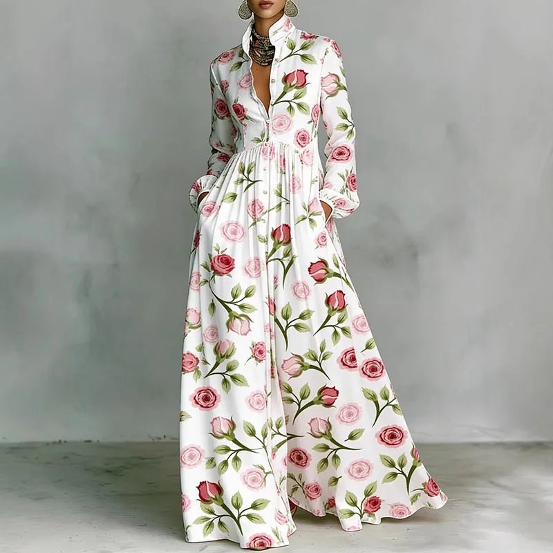 Orvette™ | Printed Maxi Dress with Stand Collar Long Sleeve Button Front High Waist