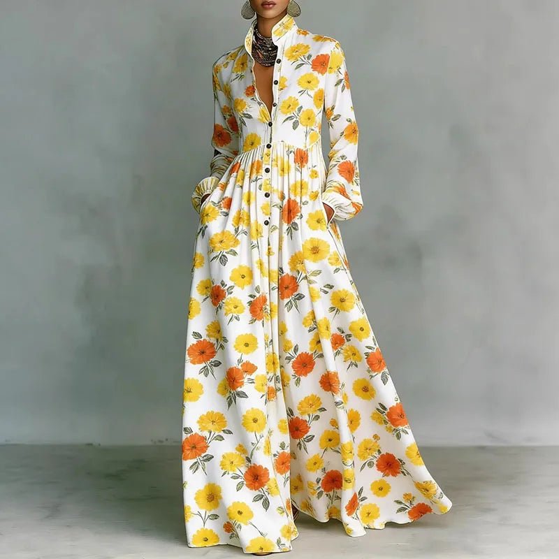 Orvette™ | Printed Maxi Dress with Stand Collar Long Sleeve Button Front High Waist